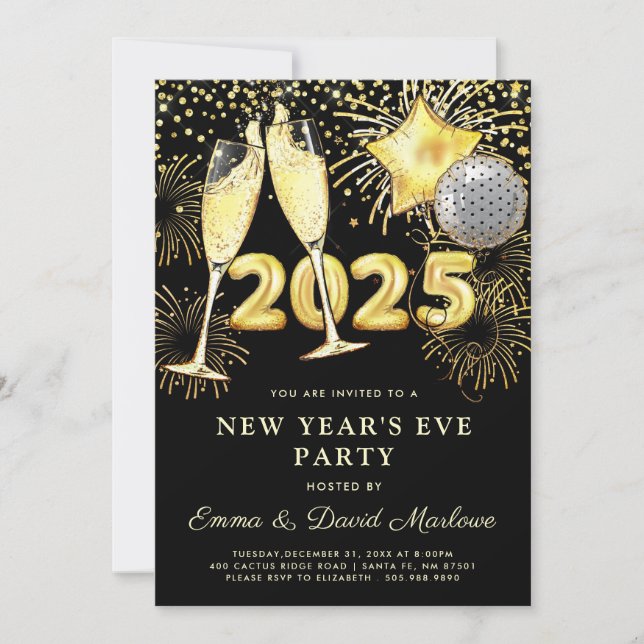 Invitation Parties scintillant d'or 2025 du Nouvel An sur Noi (Devant)