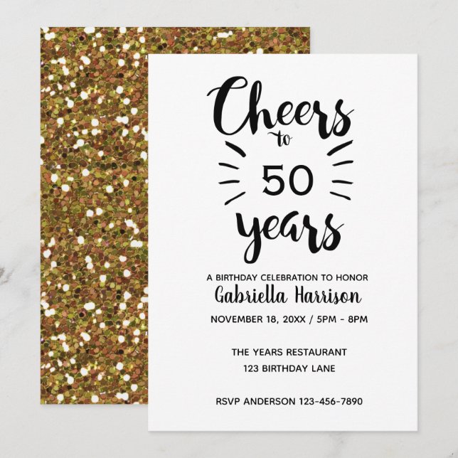 Invitation Parties scintillant d'or 50e anniversaire (Devant / Derrière)