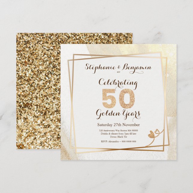 Invitation Parties scintillant d'or 50e anniversaire Mariage  (Devant / Derrière)