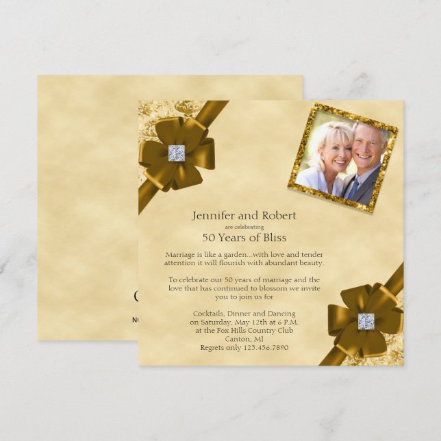 Invitation Parties scintillant d'or 50e anniversaire Mariage  (Devant / Derrière)