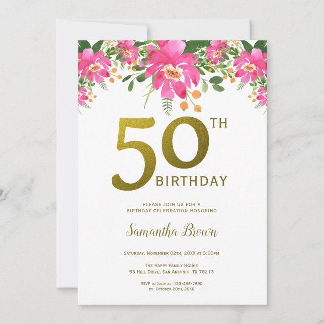 Invitation Parties scintillant d'or 50e anniversaire Watercol (Devant)