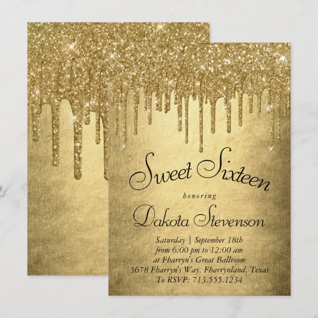 Invitation Parties scintillant d'or à couler | Champagne Swee (Devant / Derrière)