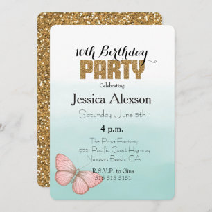 Invitation Parties scintillant d'or à papillon rose Aqua Mint