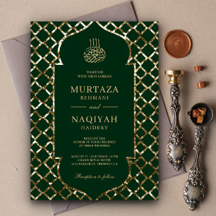 Invitation Parties scintillant d'or antique Cadre vert Mariag