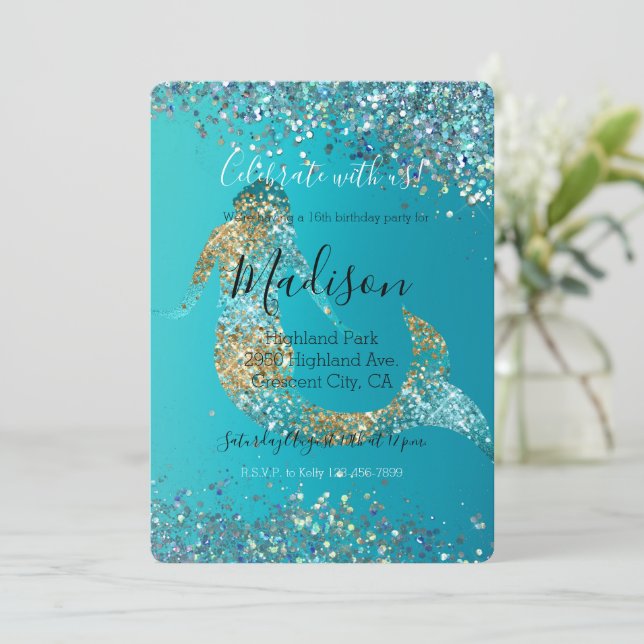 Invitation Parties scintillant d'or Aqua étincelle Mermaid (Debout devant)