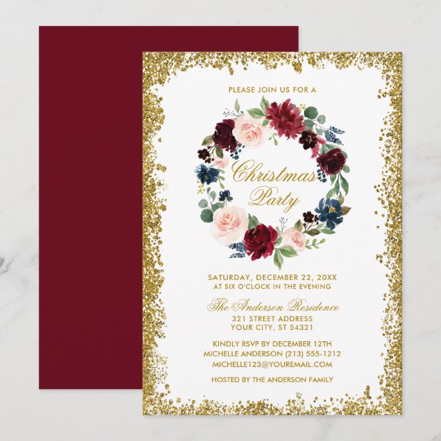 Invitation Parties scintillant d'or Aquarelle Florale Noël (Devant / Derrière)