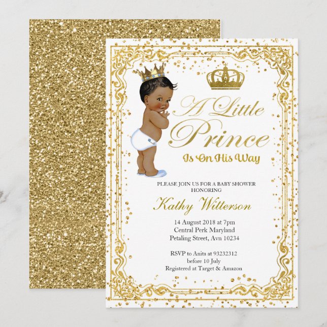 Invitation Parties scintillant d'or Baby shower Prince (Devant / Derrière)