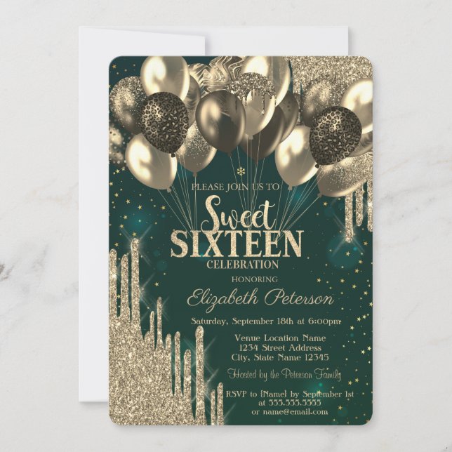 Invitation Parties scintillant d'or Ballons d'or Sweet 16 (Devant)