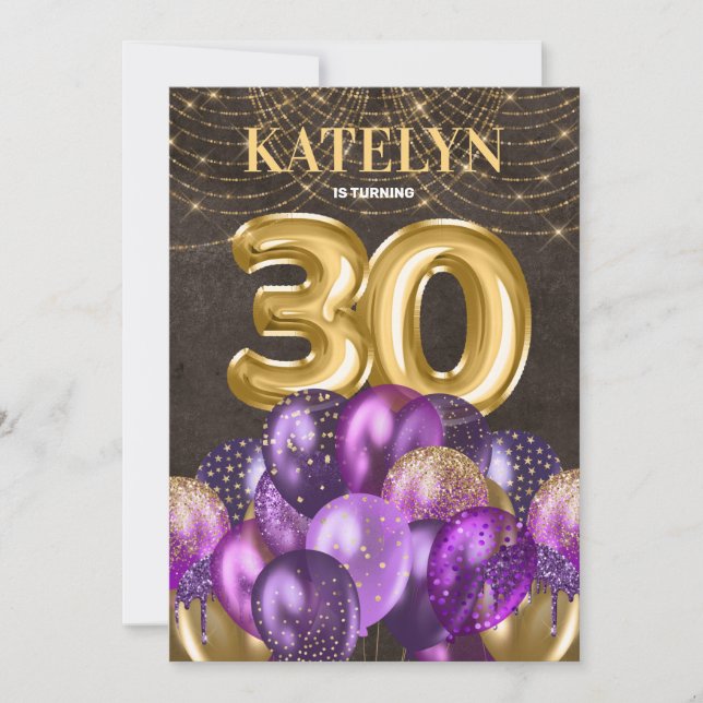 Invitation Parties scintillant d'or Ballons violets 30e fête  (Devant)