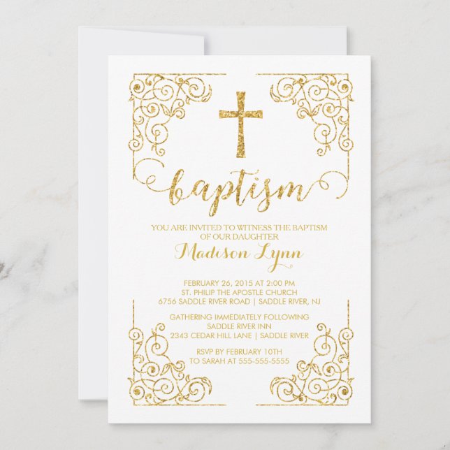 Invitation Parties scintillant d'or Baptême Christening Cross (Devant)