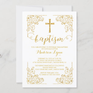 Invitation Parties scintillant d'or Baptême Christening Cross