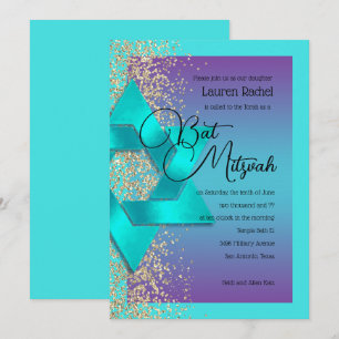 Invitation Parties scintillant d'or bat mitzvah Turquoise Pur