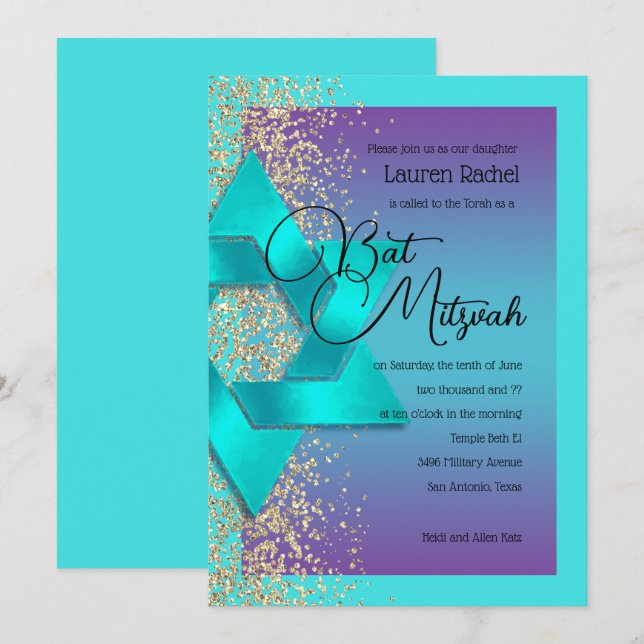 Invitation Parties scintillant d'or bat mitzvah Turquoise Pur (Devant / Derrière)