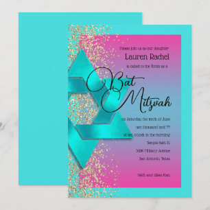 Invitation Parties scintillant d'or bat mitzvah Turquoise Ros