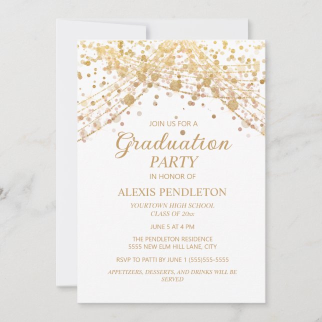 Invitation Parties scintillant d'or blanc diplôme de l'école  (Devant)