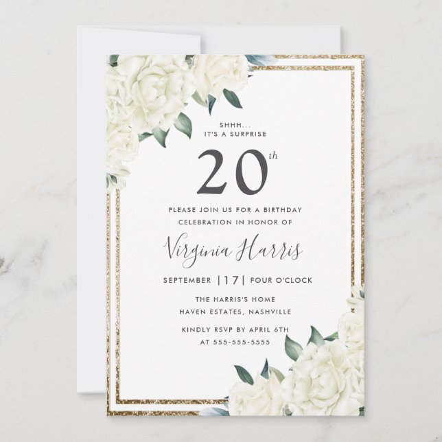 Invitation Parties scintillant d'or Blanc Floral Vingt-vingti (Devant)