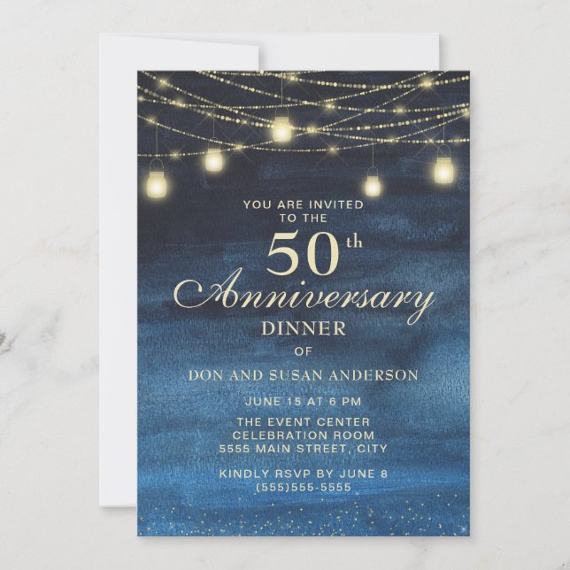 Invitation Parties scintillant d'or bleu marine 50e anniversa (Devant)