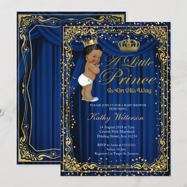 Invitation Parties scintillant d'or bleu marine Baby shower P (Devant / Derrière)