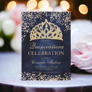Invitation parties scintillant d'or bleu marine photo tiara Q
