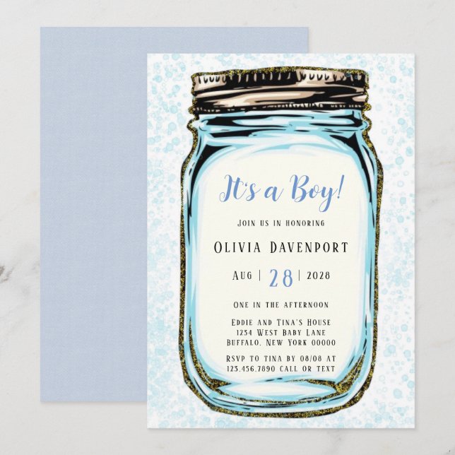 Invitation Parties scintillant d'or bleu Mason Jar Baby showe (Devant / Derrière)
