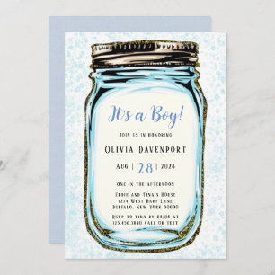 Invitation Parties scintillant d'or bleu Mason Jar Baby showe