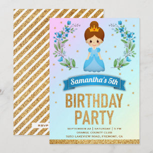 Invitation Parties scintillant d'or Blue Floral Princess