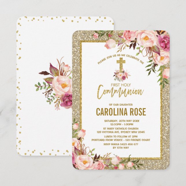 Invitation Parties scintillant d'or Blush Floral Holy Communi (Devant / Derrière)
