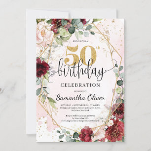 Invitation Parties scintillant d'or bordeaux bohème 50e anniv