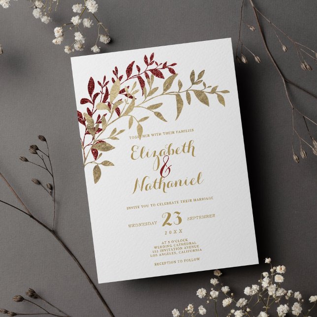 Invitation Parties scintillant d'or Bourgogne feuille floral  (Burgundy gold glitter leaves floral white wedding )