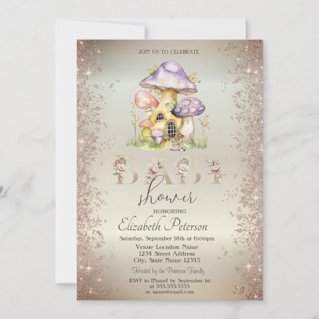 Invitation Parties scintillant d'or Champignons Maisons Baby  (Devant)