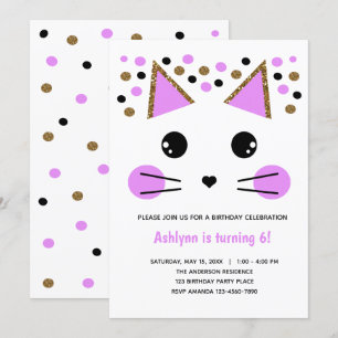Invitation Parties scintillant d'or Chat noir et violet Anniv