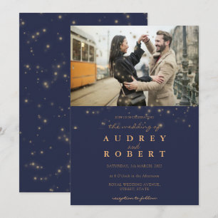 Invitation Parties scintillant d'or chic Mariage photo bleu m