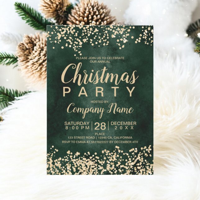 Invitation Parties scintillant d'or chic vert entreprise fête (Chic gold glitter green corporate Christmas party Invitation)