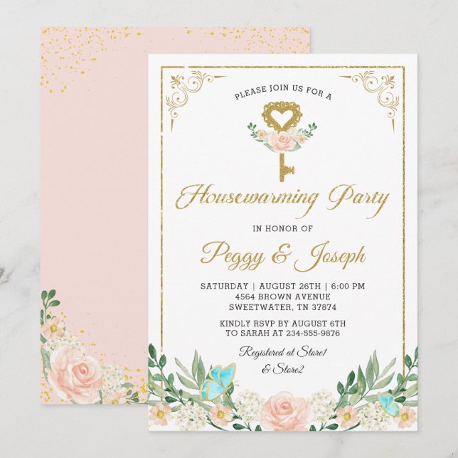 Invitation Parties scintillant d'or Clé Rose Jardin Invitatio (Devant / Derrière)
