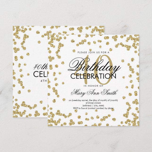 Invitation Parties scintillant d'or Confetti 40e anniversaire (Devant / Derrière)
