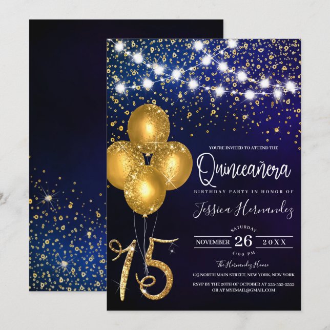 Invitation Parties scintillant d'or Confetti Ballons lumières (Devant / Derrière)