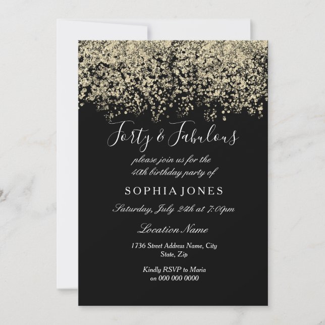 Invitation Parties scintillant d'or Confetti Black fête de 40 (Devant)