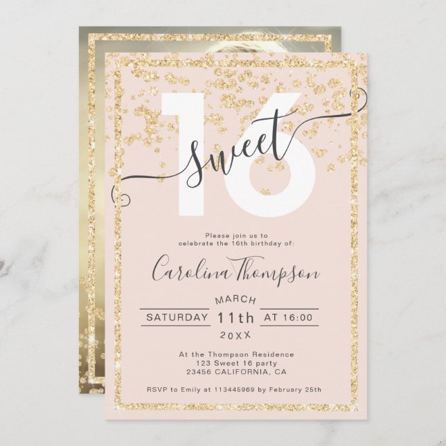 Invitation parties scintillant d'or confetti blush Sweet 16 p (Devant / Derrière)