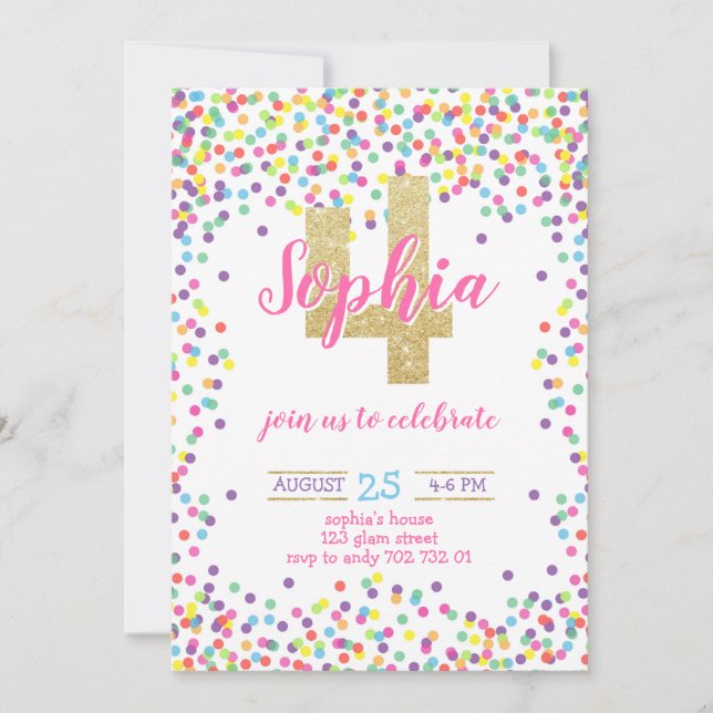 Invitation Parties scintillant d'or Confetti couleur 4e anniv (Devant)