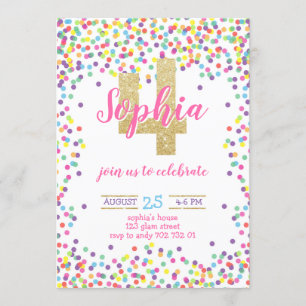 Invitation Parties scintillant d'or Confetti couleur 4e anniv