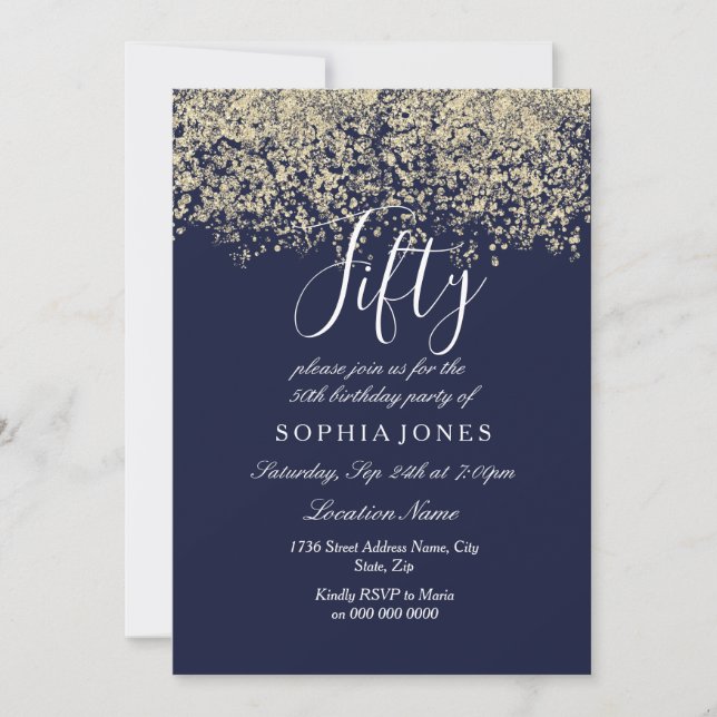 Invitation Parties scintillant d'or Confetti Marine 50e anniv (Devant)