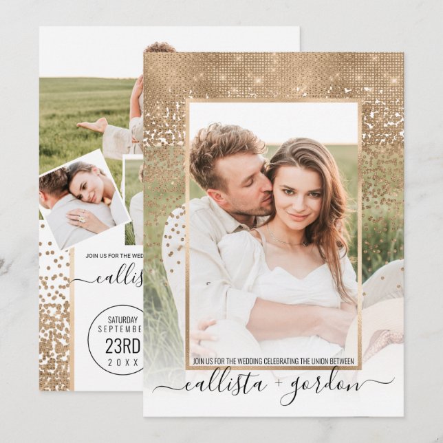 Invitation Parties scintillant d'or Confetti Ombre Photo Coll (Devant / Derrière)