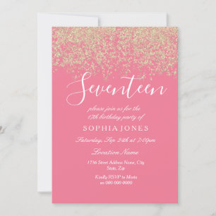 Invitation Parties scintillant d'or Confetti rose 17ème anniv