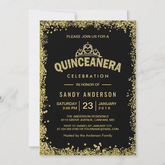 Invitation Parties scintillant d'or Couronne Quinceanera 15e  (Devant)