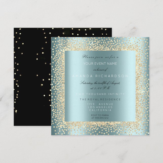 Invitation Parties scintillant d'or de Champaigne Noir Aqua B (Devant / Derrière)