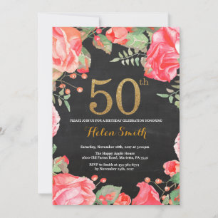 Invitation Parties scintillant d'or de la Red Floral 50th Bir
