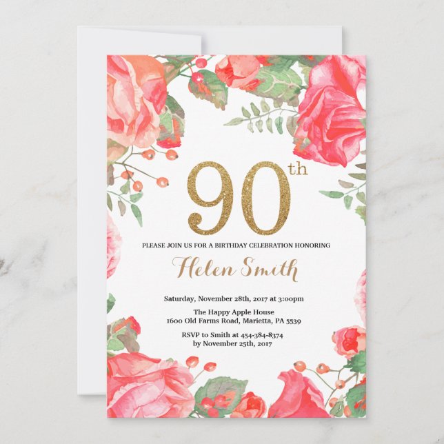 Invitation Parties scintillant d'or de la Red Floral 90th Bir (Devant)