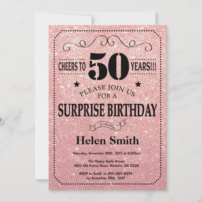 Invitation Parties scintillant d'or de rose rose 50e annivers (Devant)