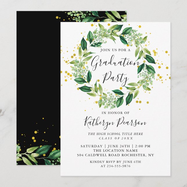 Invitation Parties scintillant d'or de verdure Wreath (Devant / Derrière)