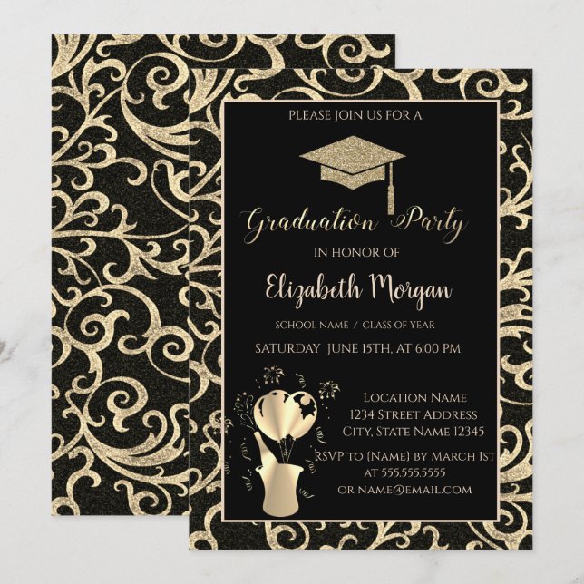 Invitation Parties scintillant d'or Diplôme Cap SwirlsGraduat (Devant / Derrière)